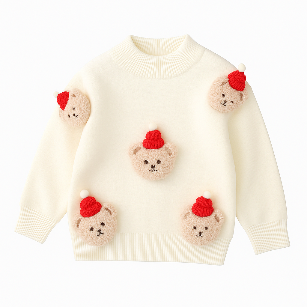 3D Festive Teddy Kids Christmas Jumper - Ivory