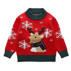 Red sweater with reindeer design and snowflakes on a light gray background