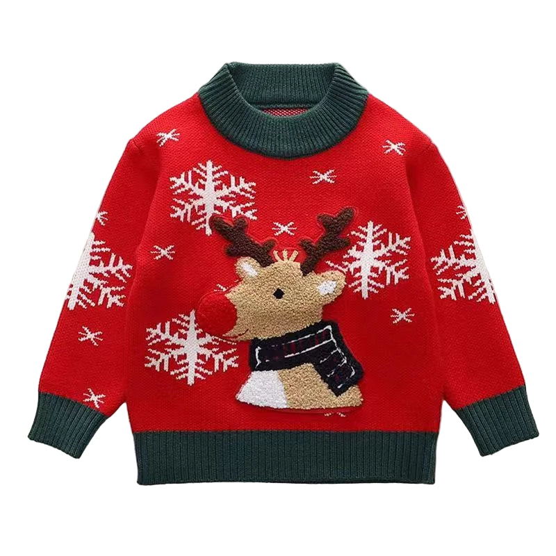 Red sweater with reindeer design and snowflakes on a light gray background