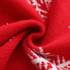 Close-up of kids Christmas red jumper with white pattern and Christmas-themed design.