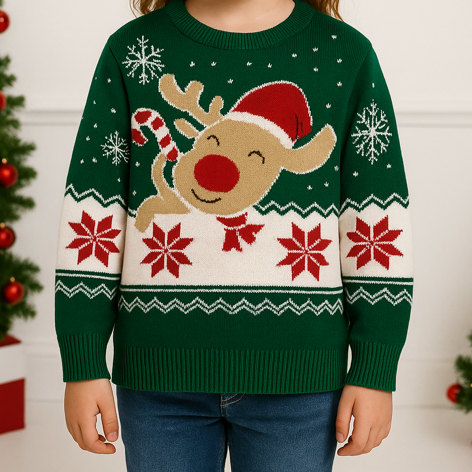 Candy Cane Rudolf - Kids' Christmas Jumper - Green