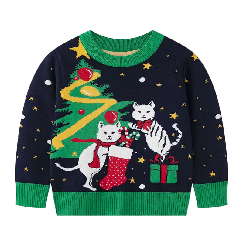 Children's Christmas sweater with cat designs on a white background