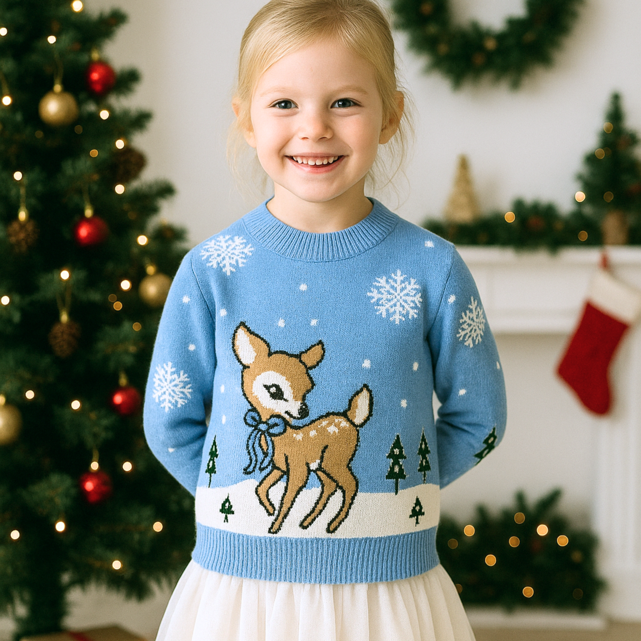 Girl wearing Deer in the snow jumper