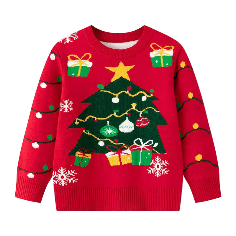 Red Christmas-themed sweater with tree and gift designs on a light gray background