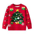 Red Christmas-themed sweater with tree and gift designs on a light gray background