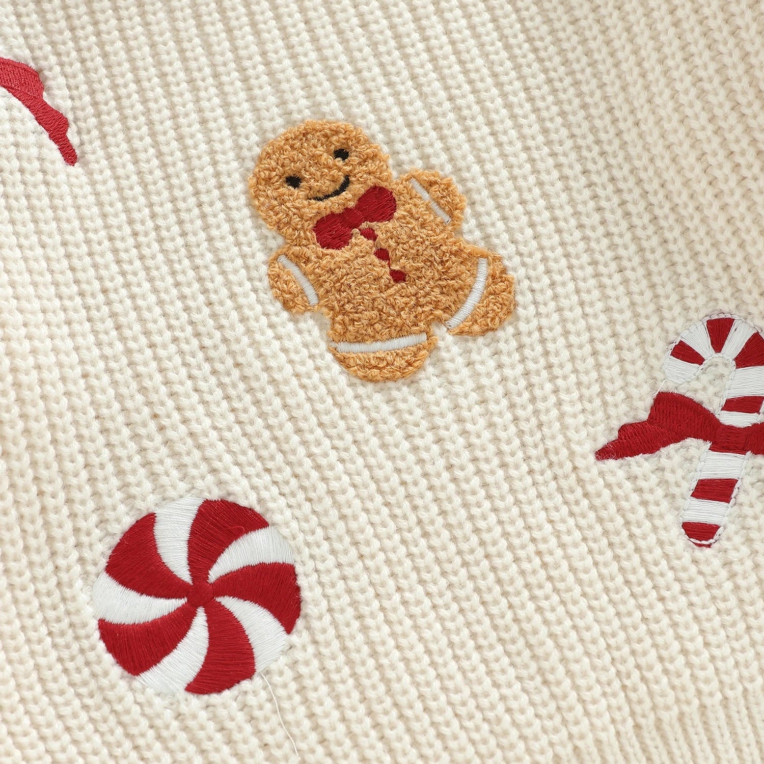 Gingerbread man & Candy Cane toddler Christmas Jumper close up