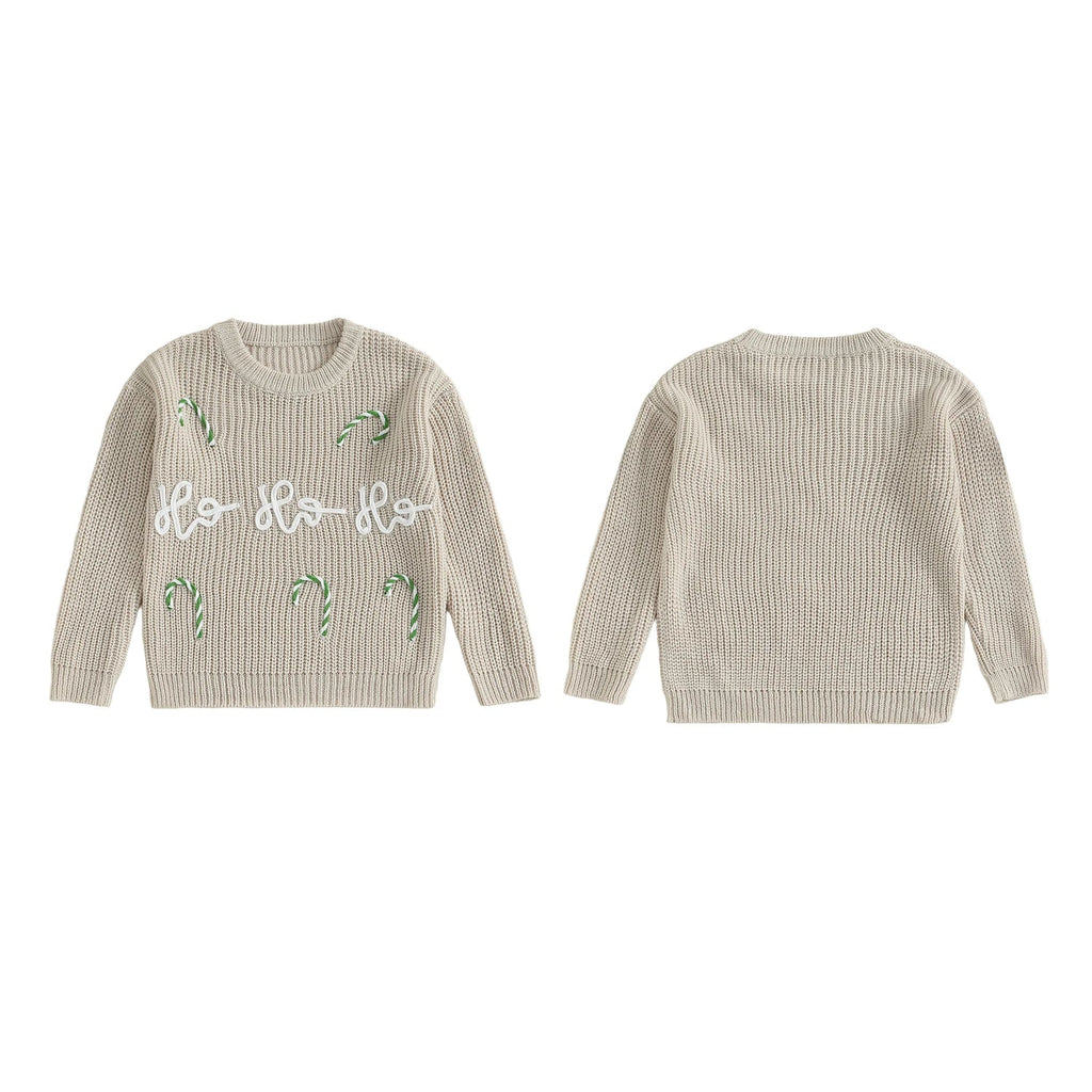 Beige ribbed christmas jumper with 'Ho Ho Ho' text and candy cane designs on a white background
