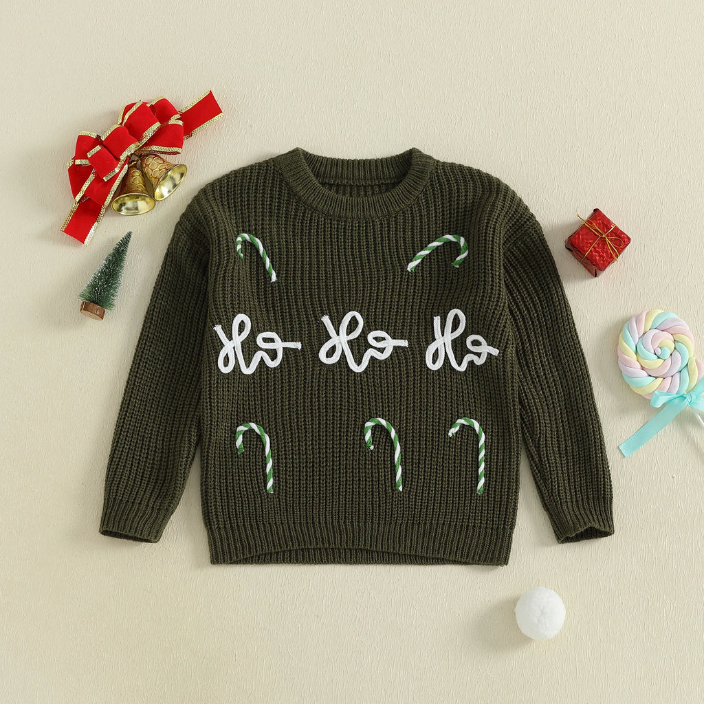 Dark green christmas Jumper with 'Ho Ho Ho' text and candy cane designs on a beige background.
