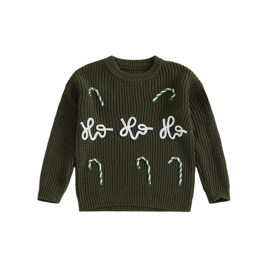 Green christmas jumper with 'Ho Ho Ho' text and candy cane designs on a white background