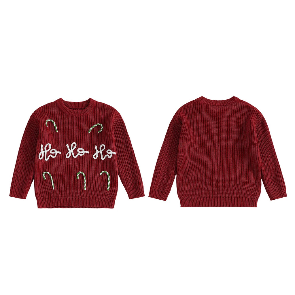 Red Christmas jumper with 'Ho Ho Ho' text and candy cane designs on a white background