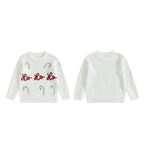 White long-sleeve christmas jumper with 'Ho Ho Ho' and candy cane designs on a white background