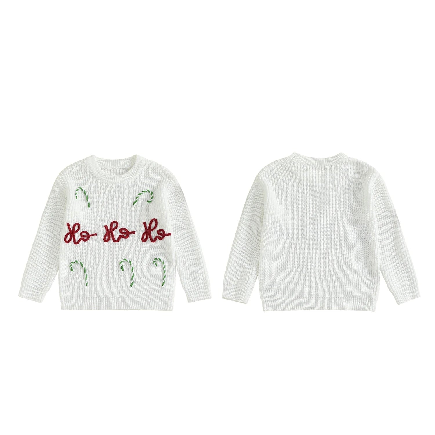 White long-sleeve christmas jumper with 'Ho Ho Ho' and candy cane designs on a white background
