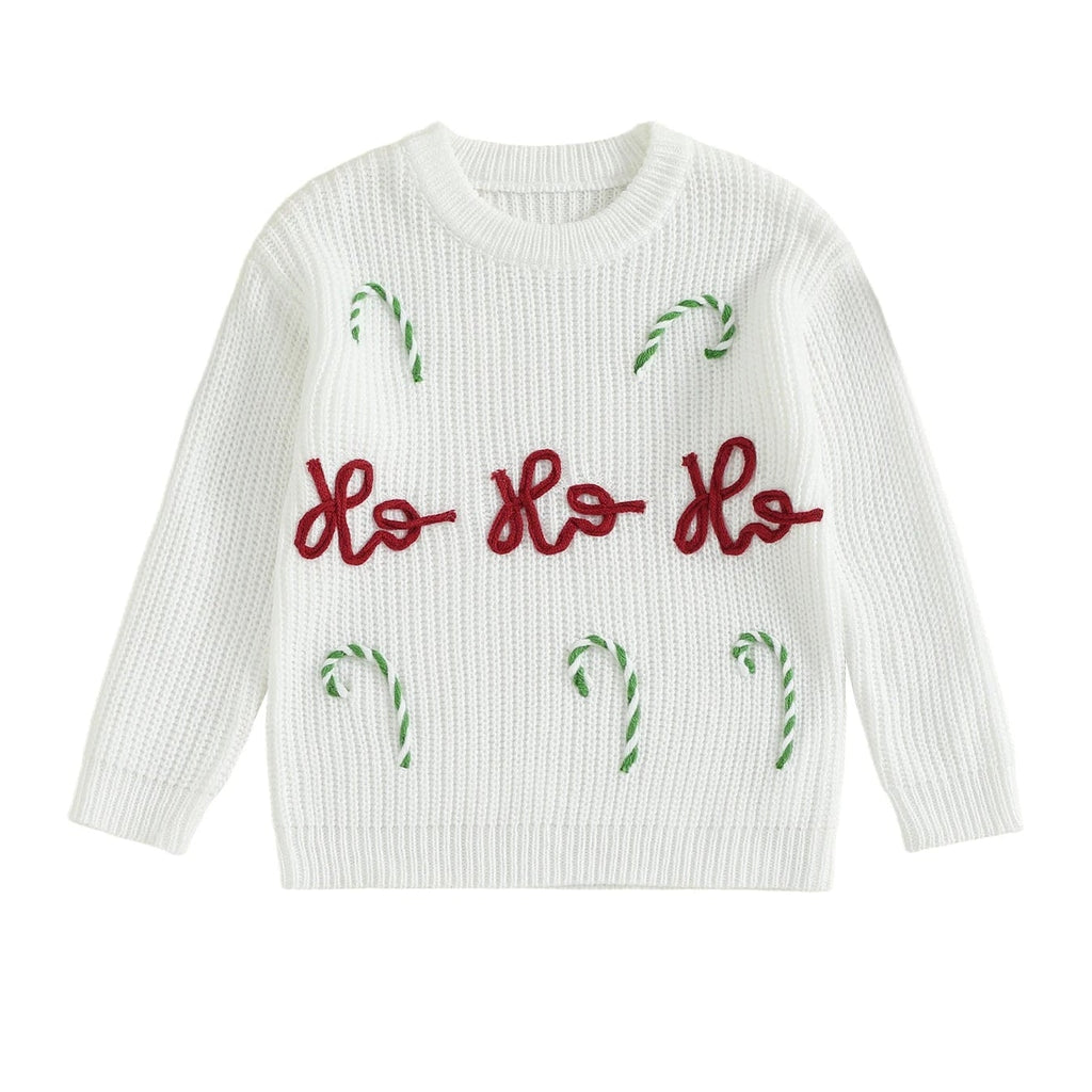 White christmas jumper with 'Ho Ho Ho' text and candy cane designs on a white background