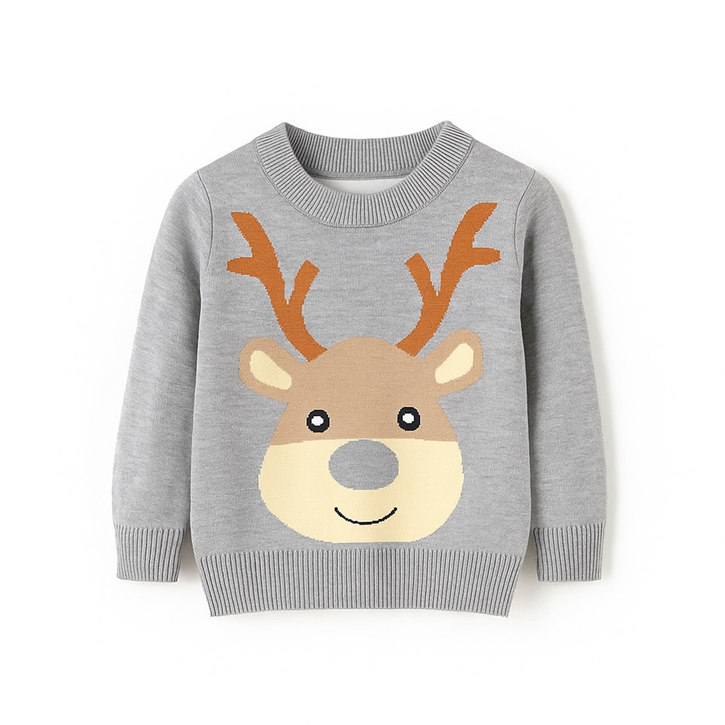 Happy Deer Kids' Christmas Jumper - Grey