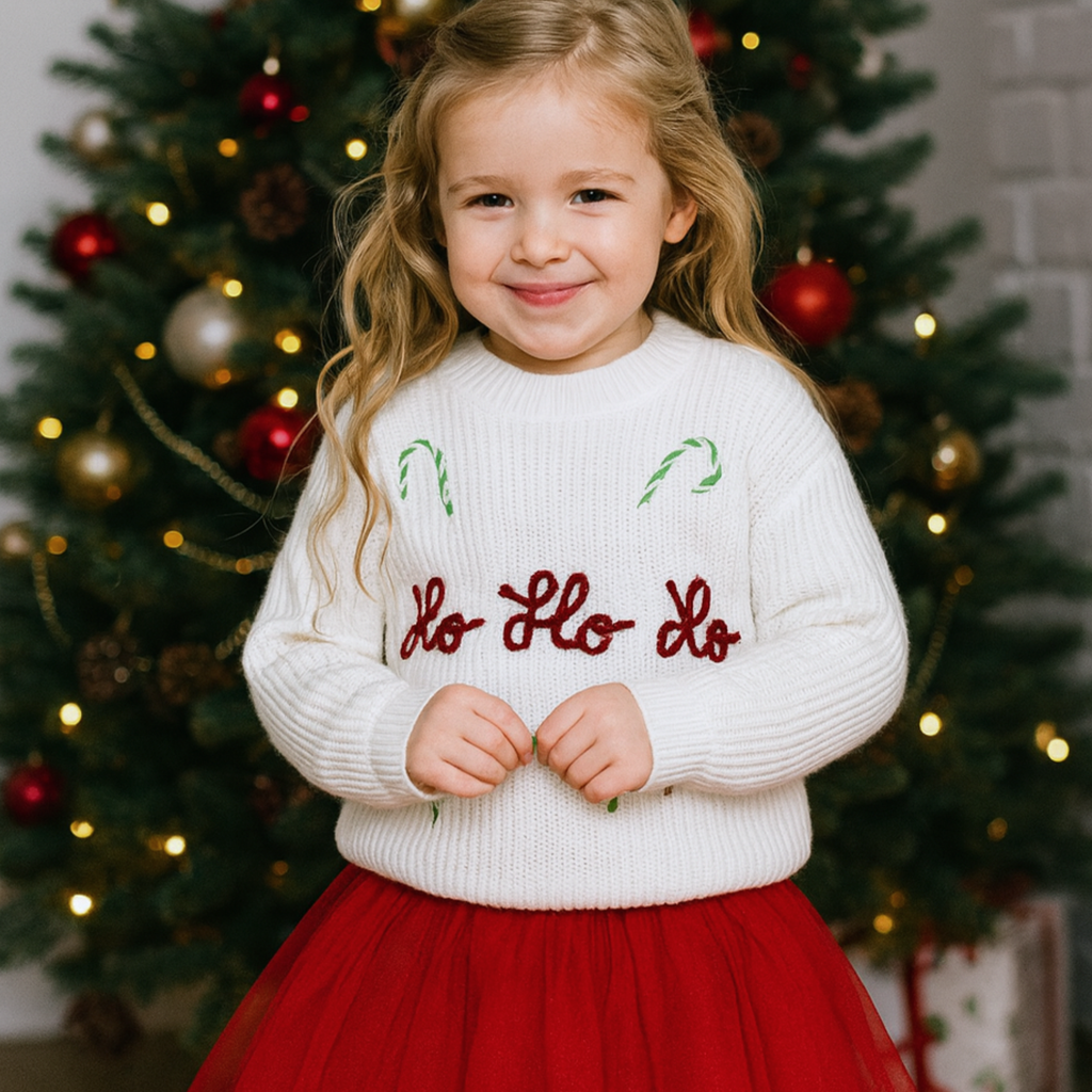 Little girl in HO HO HO Christmas jumper