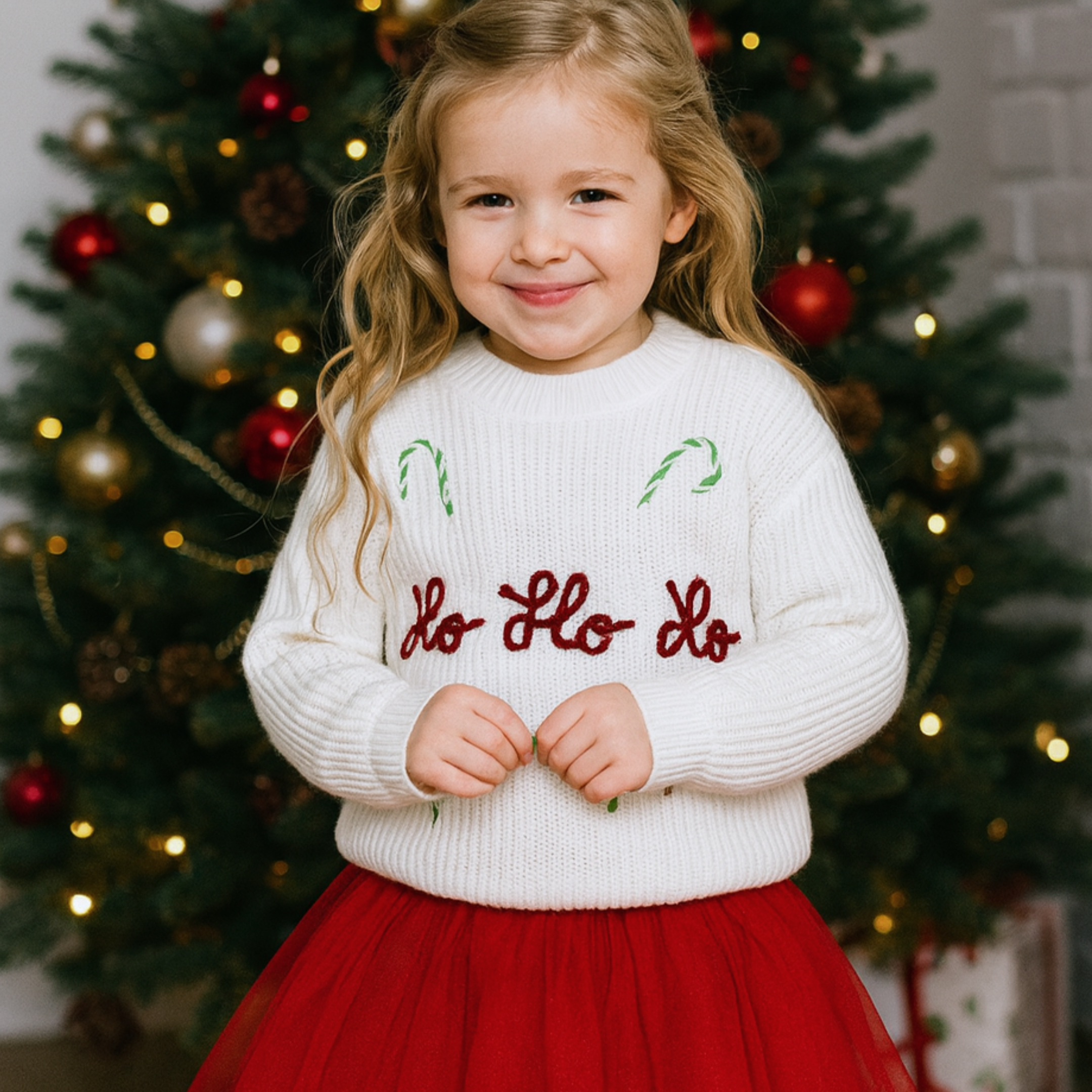 Little girl in HO HO HO Christmas jumper