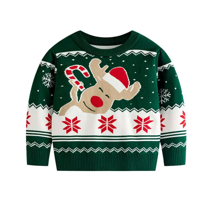 Christmas-themed sweater with reindeer design on a white background
