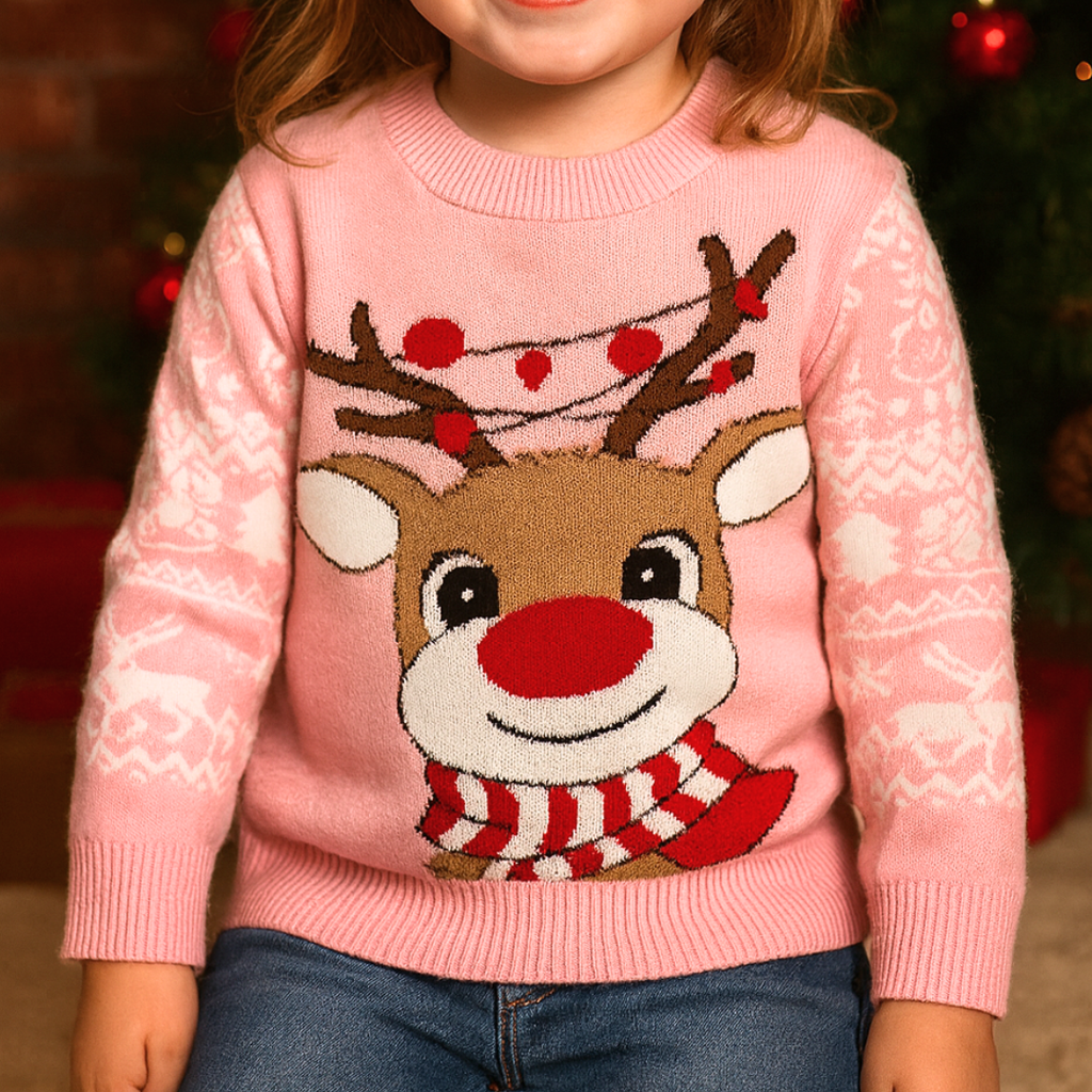 Smiling Rudolf - Pink Kids Christmas Jumper