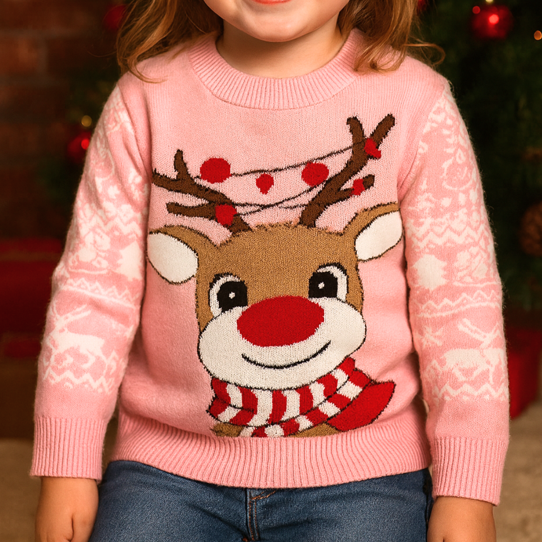 Smiling Rudolf - Pink Kids Christmas Jumper