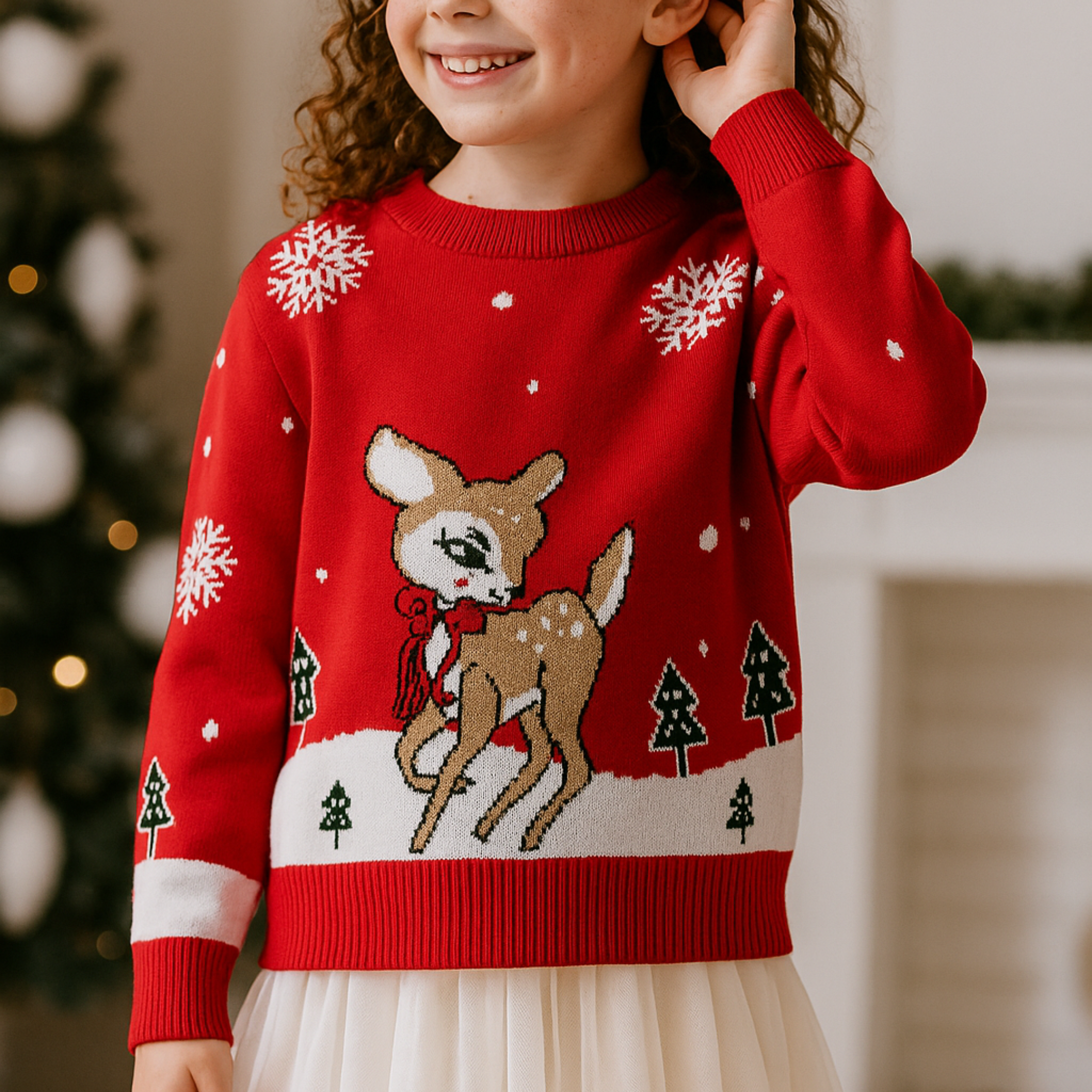 Deer in the Snow Kids Christmas Jumper - Red