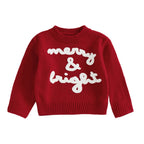 Red sweater with 'merry & bright' text on a white background
