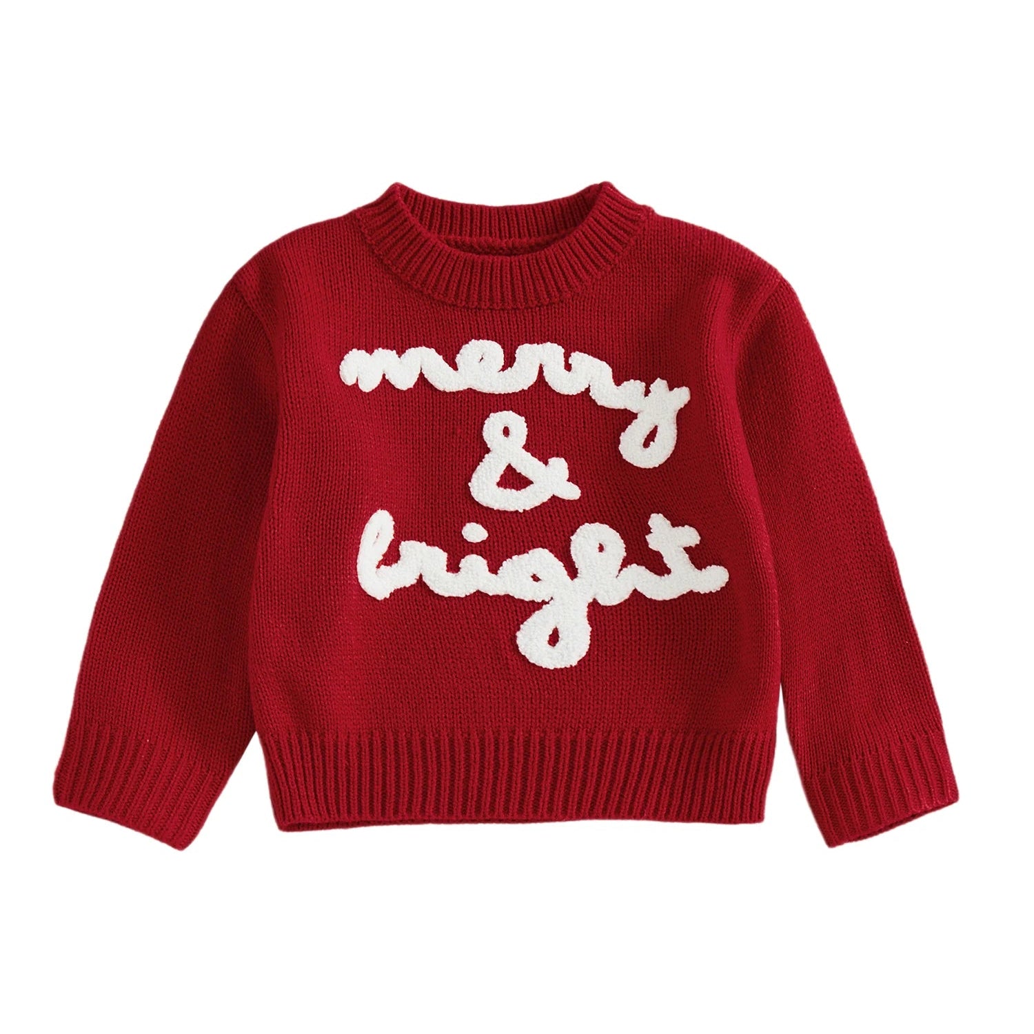Red sweater with 'merry & bright' text on a white background