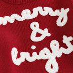 Red sweater with white 'Merry & Bright' text
