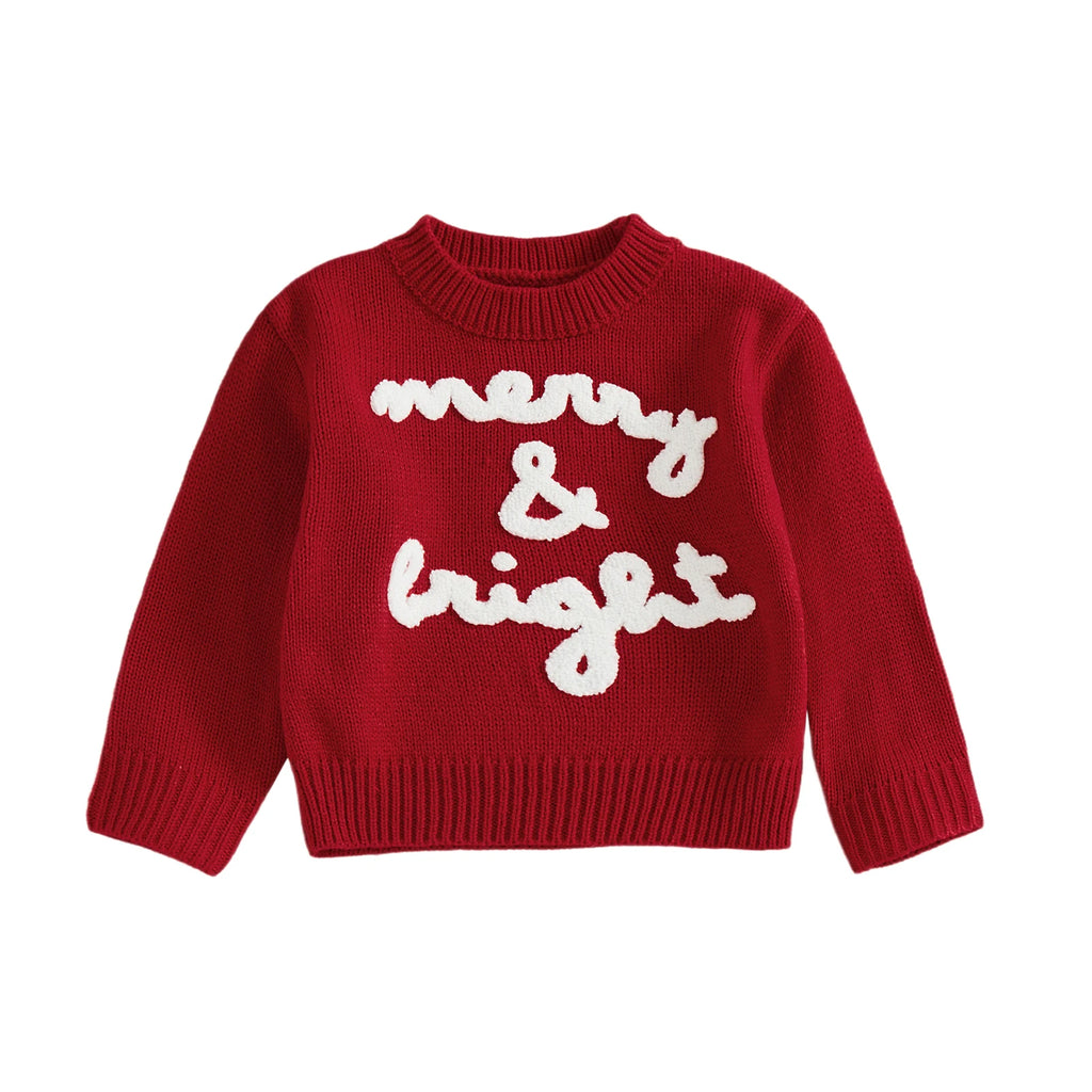 Red sweater with 'merry & bright' text on a white background