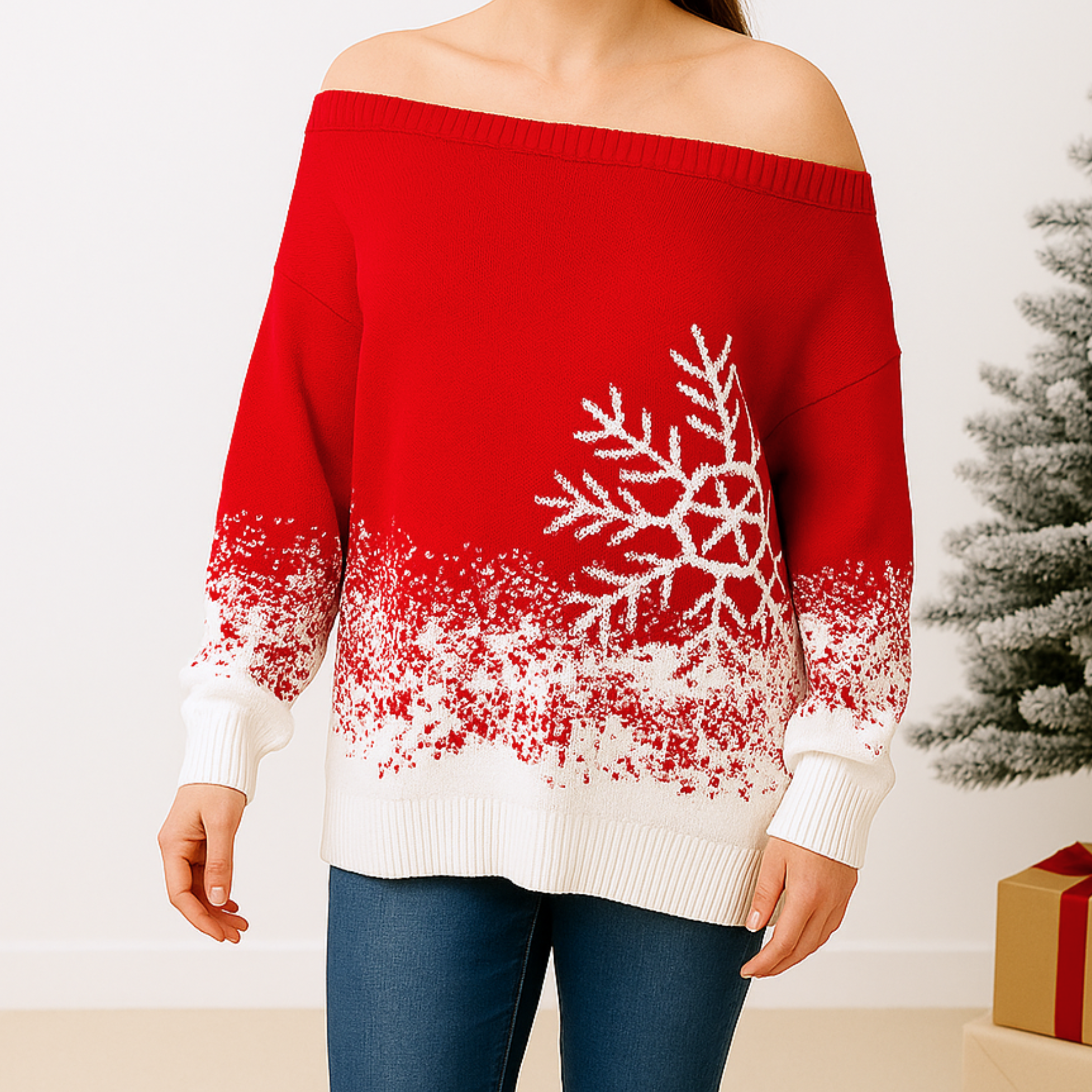Off the shoulder Snowflake Christmas Jumper 5
