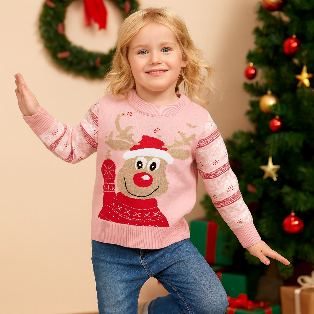 Waving Rudolf - Pink Kids' Christmas Jumper