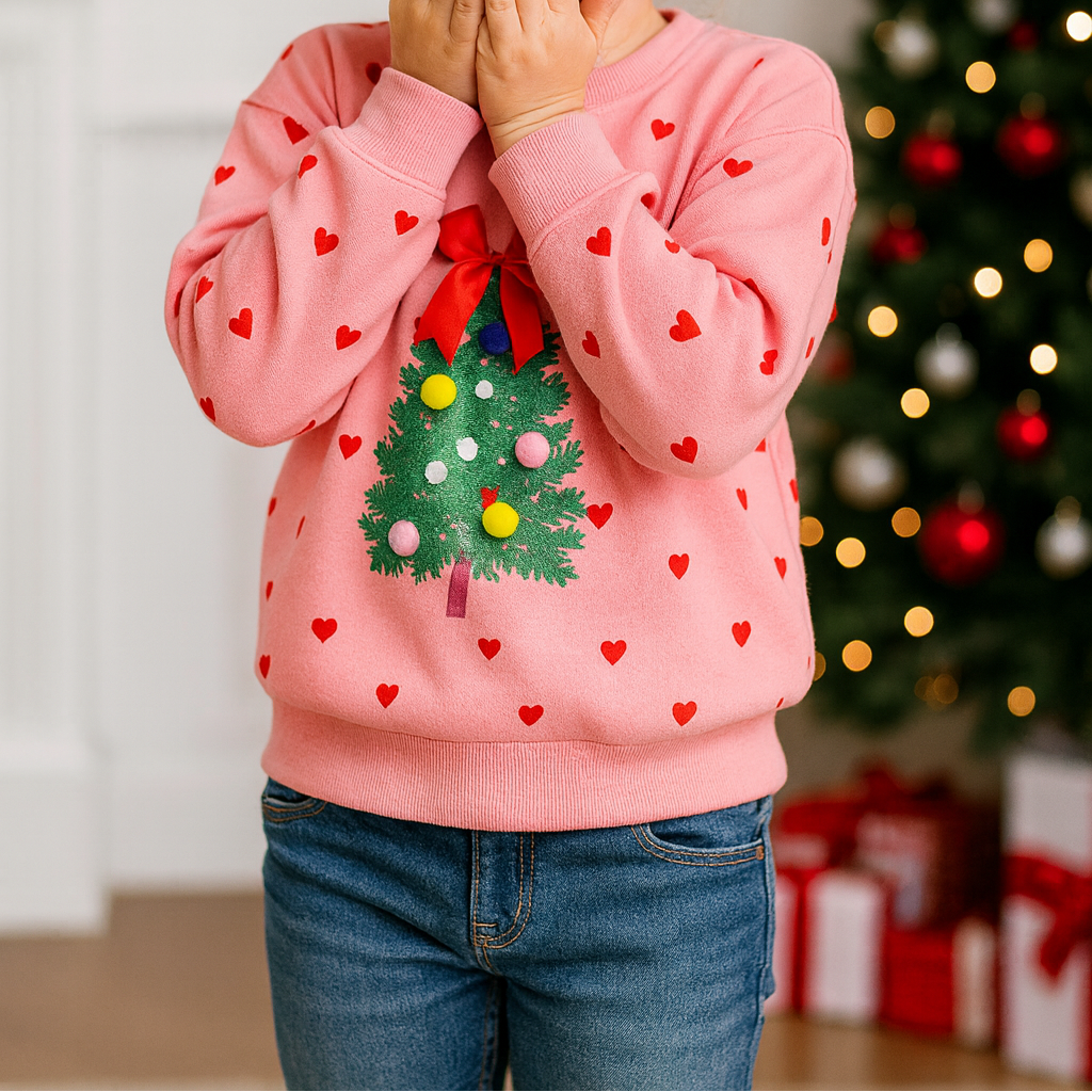 girl wearing Pompom Christmas Tree Kids jumper