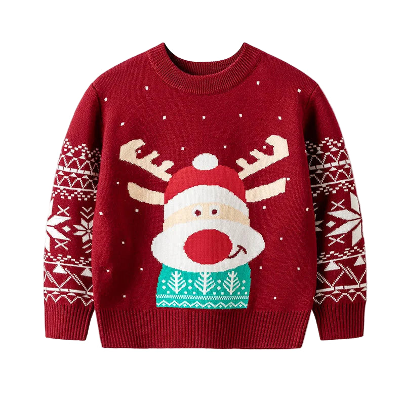 Red Christmas sweater with reindeer design on a white background