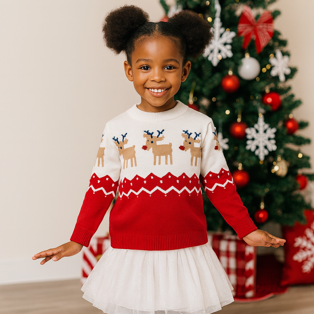 Child wearing a red and white Christmas sweater with reindeer patterns, standing in front of a decorated Christmas tree.