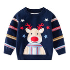 Navy blue sweater with reindeer design on a white background