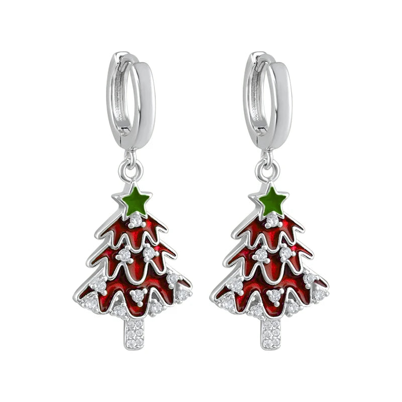 Christmas Tree Sterling Silver Christmas Earrings - Red