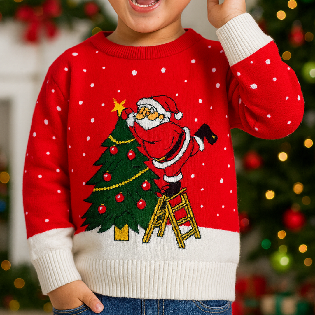 Child wearing Santa by the Tree - Kids Christmas Jumper
