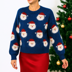 Santa Faces Women's Christmas Jumper - Blue