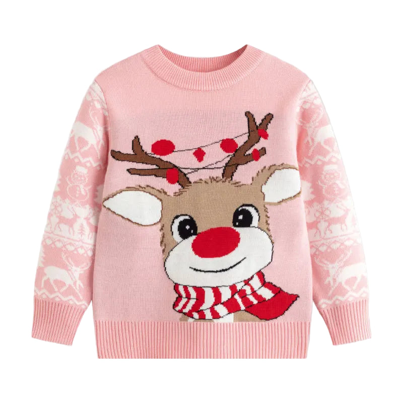 Smiling Rudolf - Pink Kids Christmas Jumper