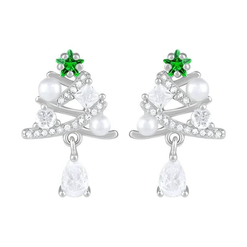 Green Star Sterling Silver Christmas Tree Earrings