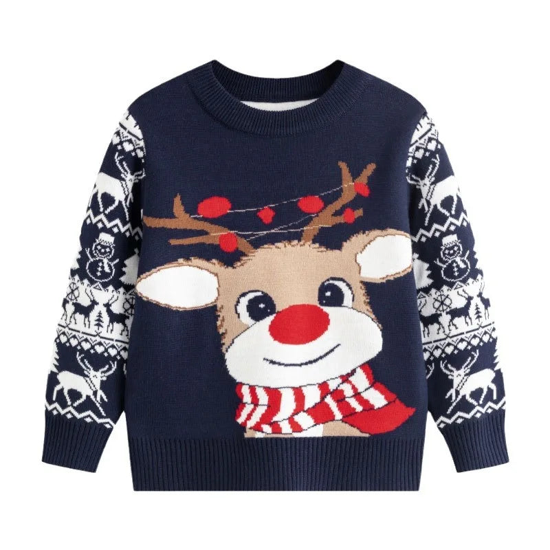 Navy blue sweater with a reindeer design on a white background