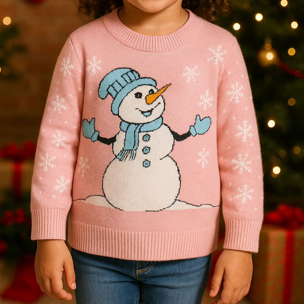 Child wearing a pink sweater with a snowman design in a festive setting with Christmas decorations.