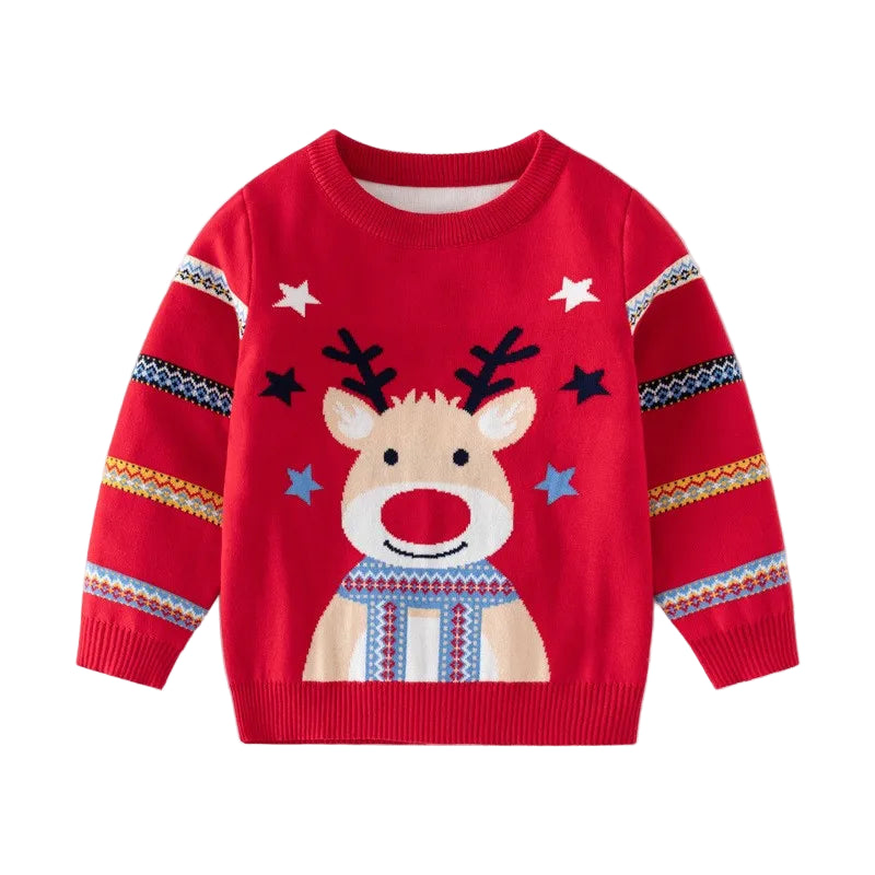 Red sweater with a reindeer design on a white background