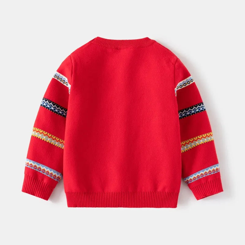 Red sweater with patterned sleeves on a white background