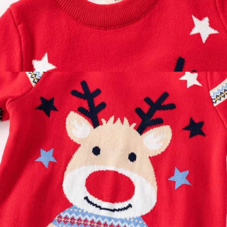 Red sweater with a reindeer design and star patterns on a white background