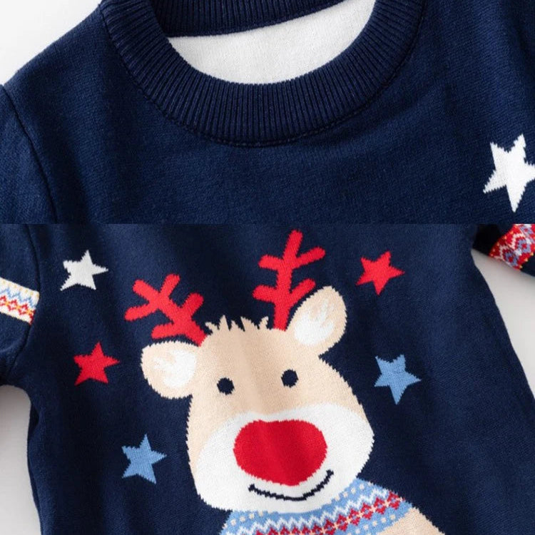 Navy blue sweater with a reindeer design on a white background
