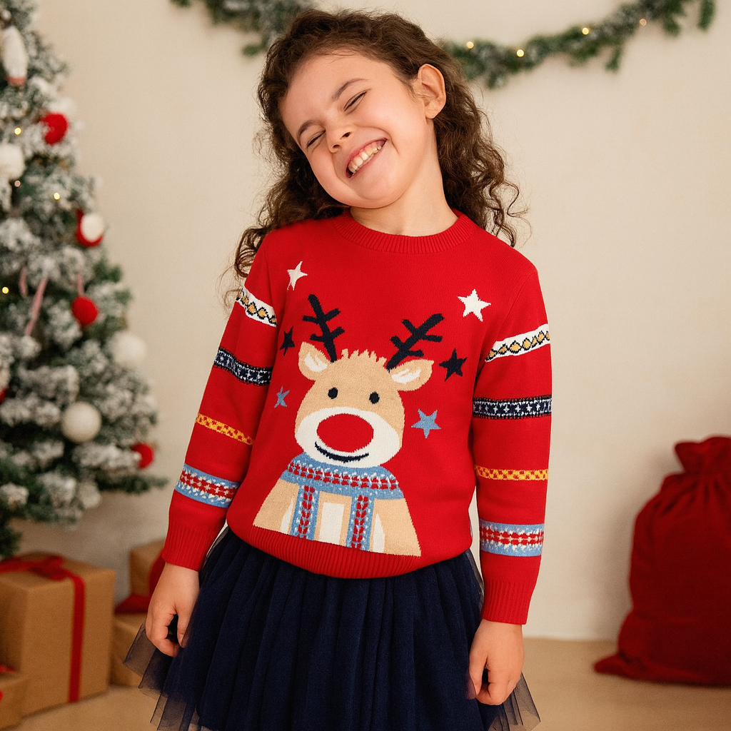 Starry Rudolf - Red Kids' Christmas Jumper