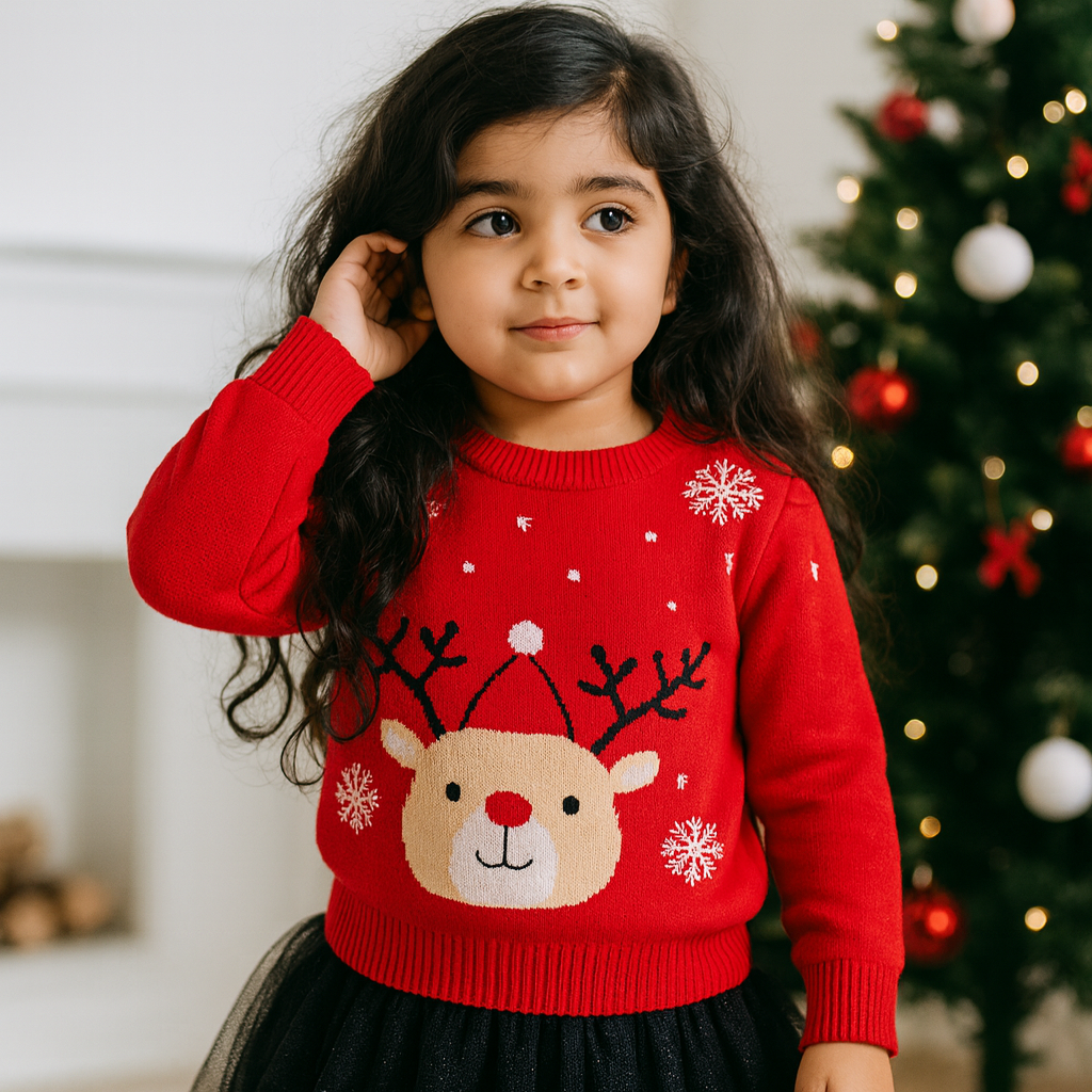 Girl wearing Teddy Reindeer Kids' christmas jumper