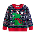 Children's christmas jumper with dinosaur design on a light grey background