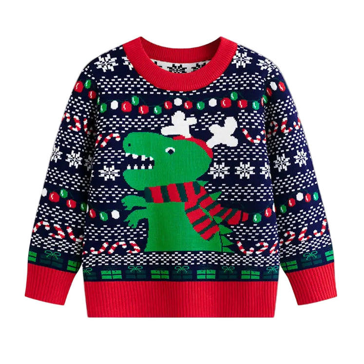 Children's christmas jumper with dinosaur design on a light grey background