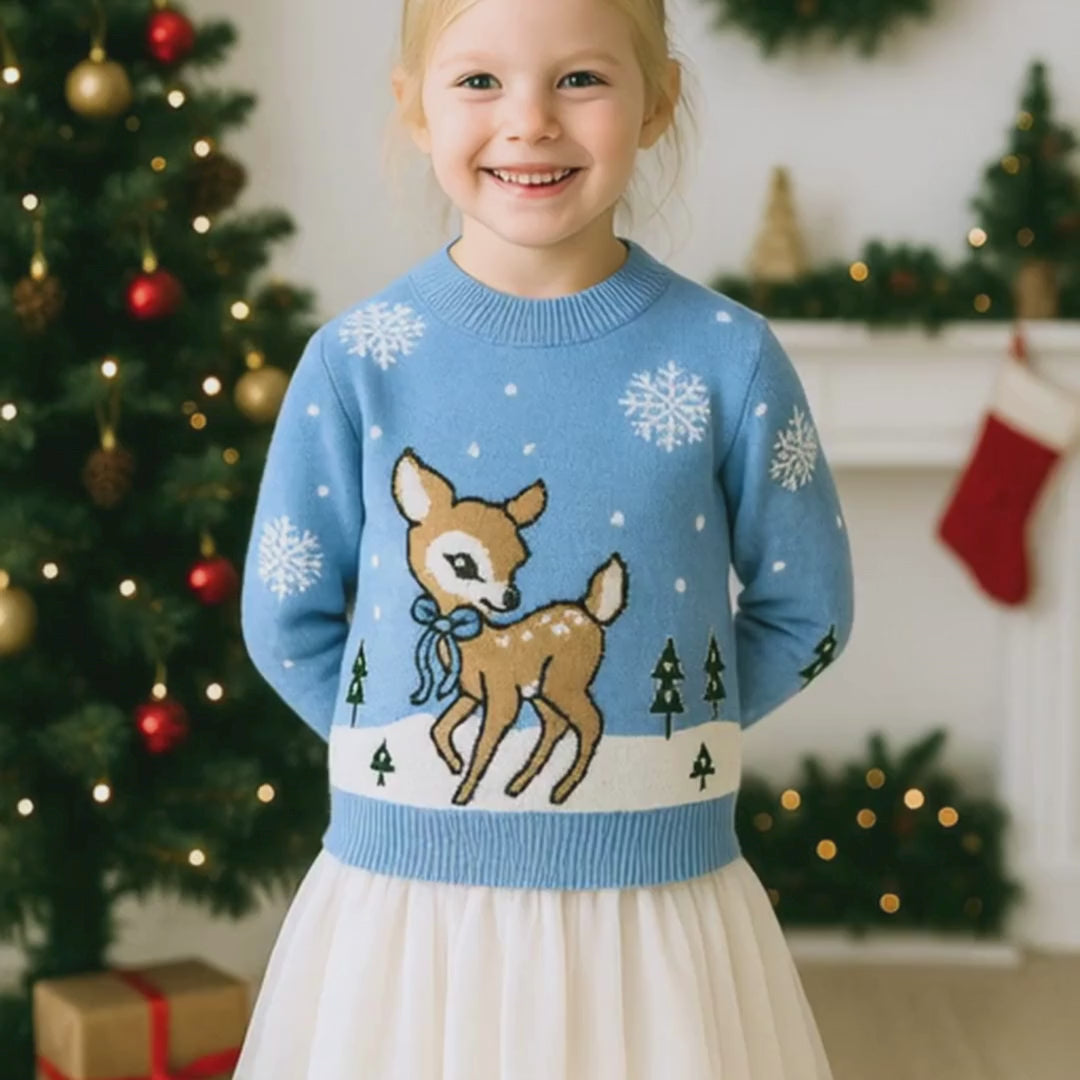 Deer in the Snow Kids' Christmas Jumper - Blue